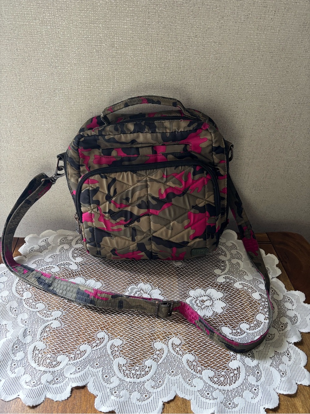 Pink and Khaki Camouflage Crossbody Lug Bag - Women